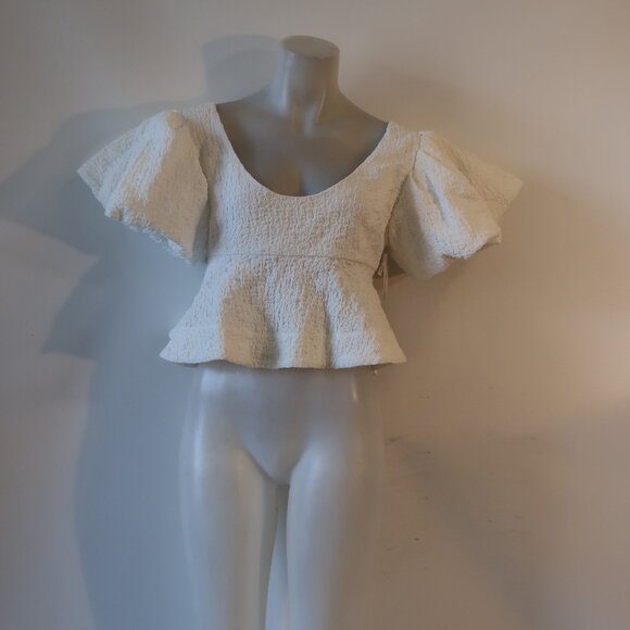 NWT Womens Ronny Kobo Jorden White Ruffled Textured Peplum Hem Cropped Top M - Picture 4 of 11